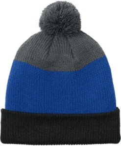 Port Authority Cozy Striped Pom Beanie -Thread Logic Store C979 deepblacktrueroyalstormgrey hat front