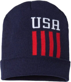 Cap America USA-Made Off Center Patriotic Cuffed Beanie -Thread Logic Store Cap America USA Made Patriotic Cuffed Beanie True NavyWhiteTrue Red USA OSFA 13