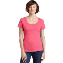 CLOSEOUT - District Women's Perfect Weight Scoop Tee -Thread Logic Store DM106L coral model front 042015 7ba5433c 67f9 4415 bf45 41cdc2d8ccc6