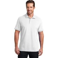 CLOSEOUT - District Made Mens Stretch Pique Polo -Thread Logic Store DM325 white model front 042014