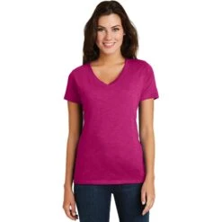 CLOSEOUT - District Women's Super Slub V-Neck Tee -Thread Logic Store DM3501 pinkazalea model front 052016