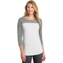 CLOSEOUT - District Women's Rally 3/4-Sleeve Tee -Thread Logic Store DT2700 greyfrostwhite model front 102016