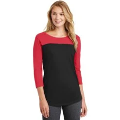 CLOSEOUT - District Women's Rally 3/4-Sleeve Tee -Thread Logic Store DT2700 newredblack model front 102016