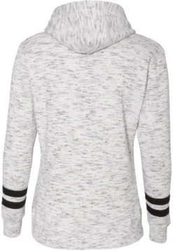 J America Ladies Mélange Fleece Striped-Sleeve Hooded Sweatshirt -Thread Logic Store J America Ladies Melange Fleece Striped Sleeve Hooded Sweatshirt 2