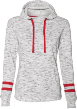 J America Ladies Mélange Fleece Striped-Sleeve Hooded Sweatshirt -Thread Logic Store J America Ladies Melange Fleece Striped Sleeve Hooded Sweatshirt WhiteRed S 13