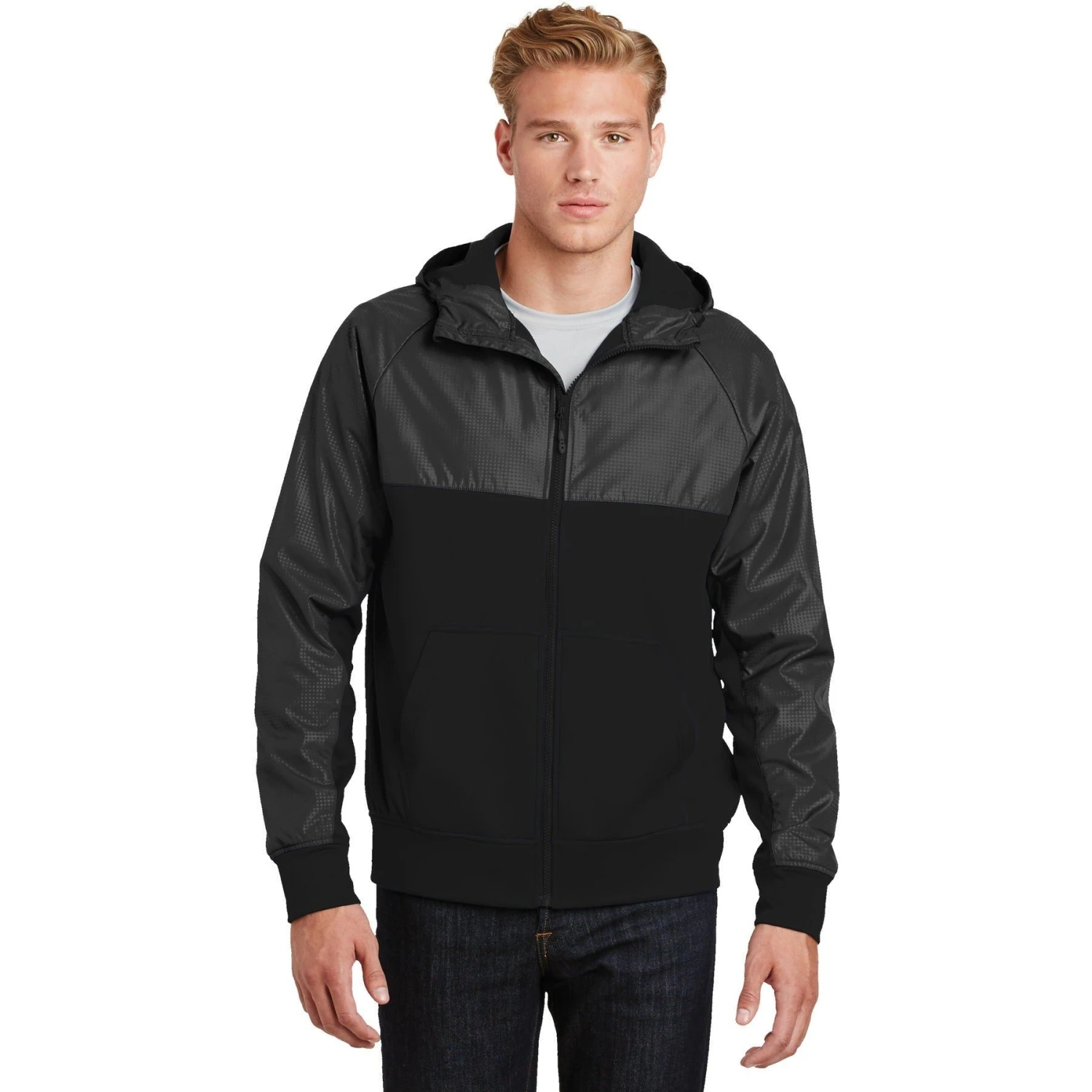 CLOSEOUT - Sport-Tek Embossed Hybrid Full-Zip Hooded Jacket 1 CLOSEOUT - Sport-Tek Embossed Hybrid Full-Zip Hooded Jacket