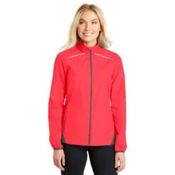 CLOSEOUT - Port Authority Ladies Zephyr Reflective Hit Full-Zip Jacket 6 CLOSEOUT - Port Authority Ladies Zephyr Reflective Hit Full-Zip Jacket -Thread Logic Store L345 hotcoralgreysteel model front 052016
