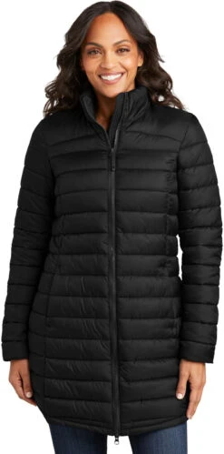 Port Authority Ladies Horizon Puffy Long Jacket 16 Port Authority Ladies Horizon Puffy Long Jacket -Thread Logic Store L365 deepblack model front