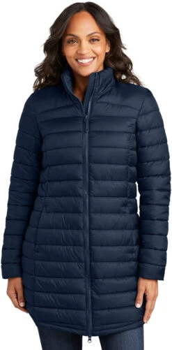 Port Authority Ladies Horizon Puffy Long Jacket 24 Port Authority Ladies Horizon Puffy Long Jacket -Thread Logic Store L365 dressbluenavy model front