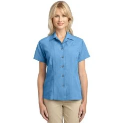 CLOSEOUT - Port Authority Ladies Patterned Easy Care Camp Shirt -Thread Logic Store L536 ResortBlue Model Front 111511