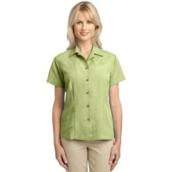 CLOSEOUT - Port Authority Ladies Patterned Easy Care Camp Shirt -Thread Logic Store L536 WhisperGreen Model Front 111511