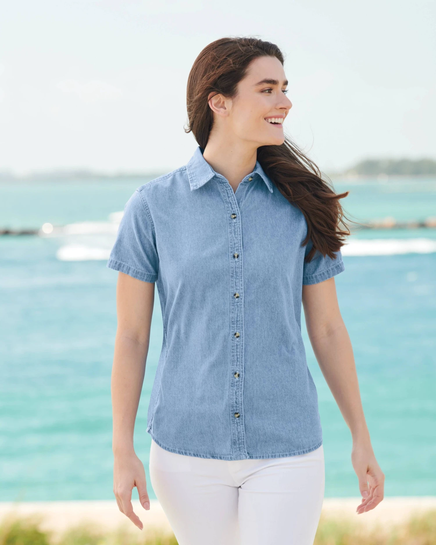 Port & Company Ladies Short Sleeve Value Denim Shirt 2 Port & Company Ladies Short Sleeve Value Denim Shirt - Image 2