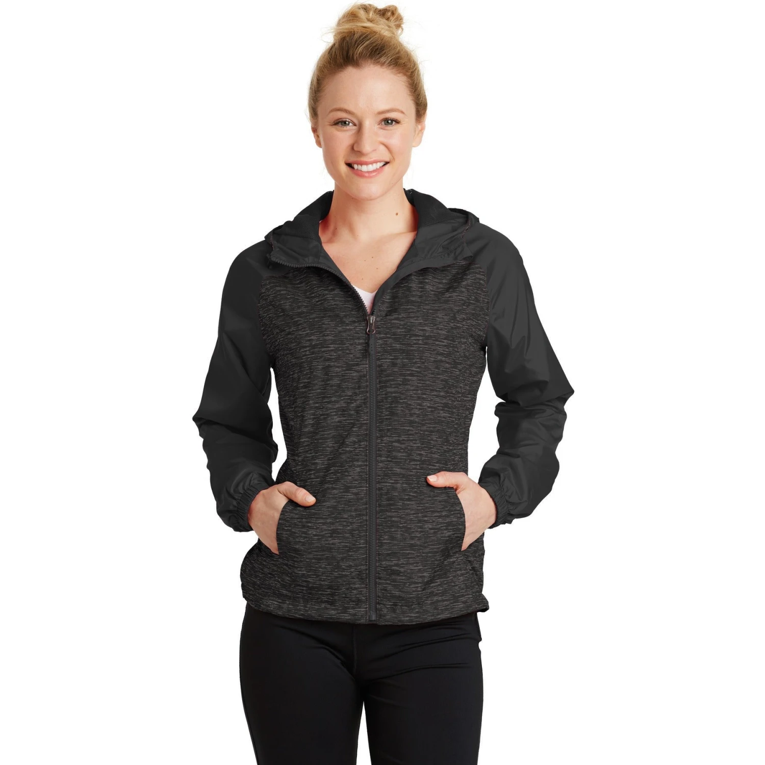CLOSEOUT - Sport-Tek Ladies Heather Colorblock Raglan Hooded Wind Jacket 1 CLOSEOUT - Sport-Tek Ladies Heather Colorblock Raglan Hooded Wind Jacket