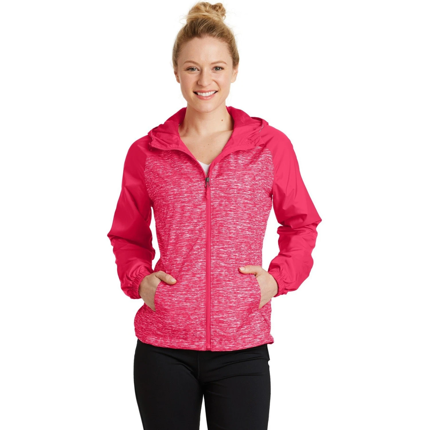 CLOSEOUT - Sport-Tek Ladies Heather Colorblock Raglan Hooded Wind Jacket 2 CLOSEOUT - Sport-Tek Ladies Heather Colorblock Raglan Hooded Wind Jacket - Image 2