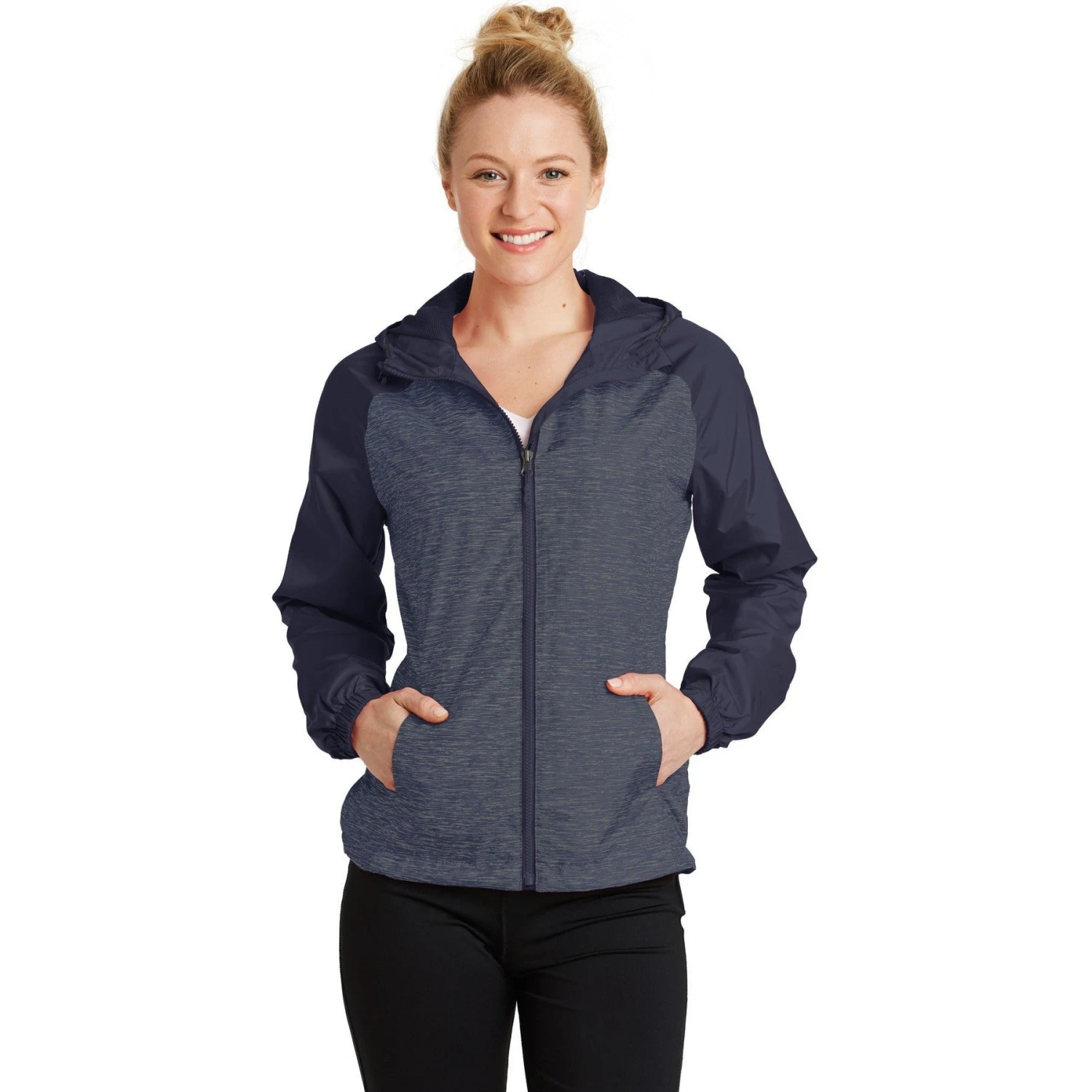 CLOSEOUT - Sport-Tek Ladies Heather Colorblock Raglan Hooded Wind Jacket 3 CLOSEOUT - Sport-Tek Ladies Heather Colorblock Raglan Hooded Wind Jacket - Image 3