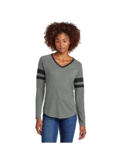 Sport-Tek Ladies Halftime Stripe Long Sleeve V-Neck Tee -Thread Logic Store LST6043 blackvintageheather model front