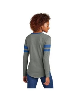 Sport-Tek Ladies Halftime Stripe Long Sleeve V-Neck Tee -Thread Logic Store LST6043 trueroyalvintageheather model back