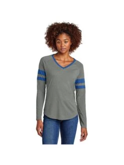 Sport-Tek Ladies Halftime Stripe Long Sleeve V-Neck Tee -Thread Logic Store LST6043 trueroyalvintageheather model front
