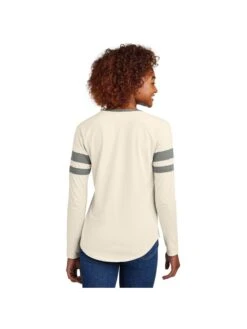 Sport-Tek Ladies Halftime Stripe Long Sleeve V-Neck Tee -Thread Logic Store LST6043 vintageheatherecru Model Back