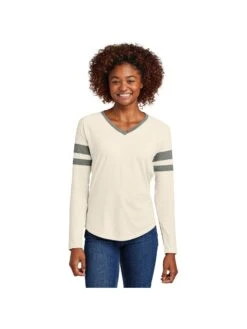 Sport-Tek Ladies Halftime Stripe Long Sleeve V-Neck Tee -Thread Logic Store LST6043 vintageheatherecru Model Front