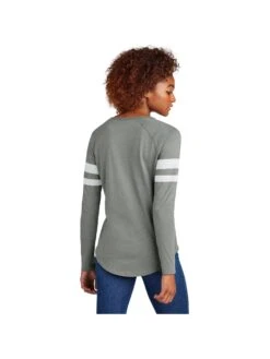 Sport-Tek Ladies Halftime Stripe Long Sleeve V-Neck Tee -Thread Logic Store LST6043 whitevintageheather model back