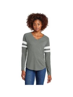 Sport-Tek Ladies Halftime Stripe Long Sleeve V-Neck Tee -Thread Logic Store LST6043 whitevintageheather model front