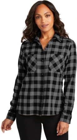Port Authority Ladies Plaid Flannel Shirt -Thread Logic Store LW669 grey blackbuffalocheck model front