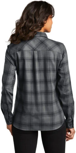 Port Authority Ladies Plaid Flannel Shirt -Thread Logic Store LW669 grey blackopenplaid model back