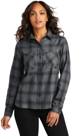 Port Authority Ladies Plaid Flannel Shirt -Thread Logic Store LW669 grey blackopenplaid model front
