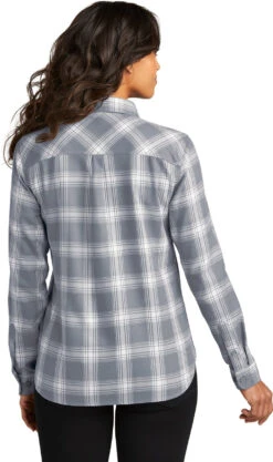 Port Authority Ladies Plaid Flannel Shirt -Thread Logic Store LW669 grey creamopenplaid model back