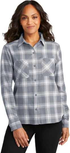 Port Authority Ladies Plaid Flannel Shirt -Thread Logic Store LW669 grey creamopenplaid model front