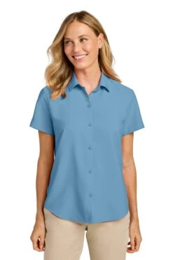 Port Authority Ladies Short Sleeve UV Dockside Shirt -Thread Logic Store LW963 carolinablue model front edd3c773 4b0a 4fa2 b2dd dc4f1b2e8663