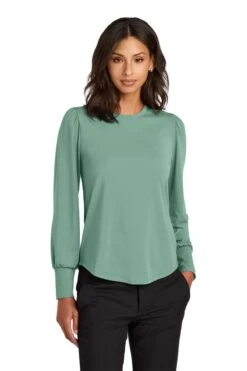 Mercer+Mettle Ladies Stretch Jersey Long Sleeve Blouson Top -Thread Logic Store MM1019 sage model front fd7b084f e100 4894 96af b69e3e97ccc1