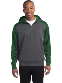 Sport-Tek Colorblock Tech Fleece 1/4-Zip Hooded Sweatshirt 16 Sport-Tek Colorblock Tech Fleece 1/4-Zip Hooded Sweatshirt -Thread Logic Store Sport Tek Colorblock Tech Fleece 14 Zip Hooded Sweatshirt Graphite HeatherForest Green S 3