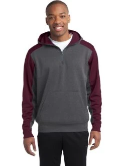 Sport-Tek Colorblock Tech Fleece 1/4-Zip Hooded Sweatshirt 18 Sport-Tek Colorblock Tech Fleece 1/4-Zip Hooded Sweatshirt -Thread Logic Store Sport Tek Colorblock Tech Fleece 14 Zip Hooded Sweatshirt Graphite HeatherMaroon S 5