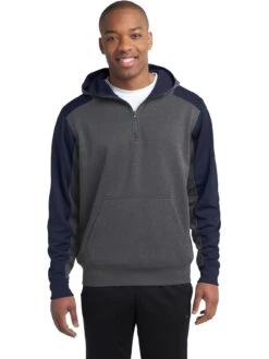 Sport-Tek Colorblock Tech Fleece 1/4-Zip Hooded Sweatshirt 20 Sport-Tek Colorblock Tech Fleece 1/4-Zip Hooded Sweatshirt -Thread Logic Store Sport Tek Colorblock Tech Fleece 14 Zip Hooded Sweatshirt Graphite HeatherTrue Navy S 7