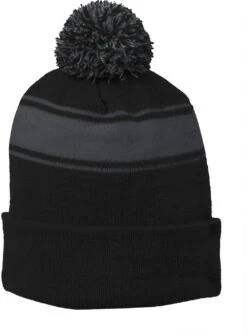 Sport-Tek Stripe Pom Pom Beanie -Thread Logic Store Sport Tek Stripe Pom Pom Beanie BlackIron Grey OSFA 2