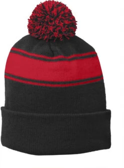 Sport-Tek Stripe Pom Pom Beanie -Thread Logic Store Sport Tek Stripe Pom Pom Beanie BlackTrue Red OSFA 3