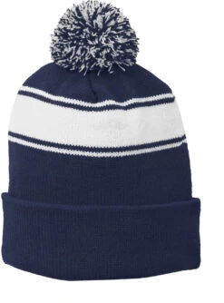Sport-Tek Stripe Pom Pom Beanie -Thread Logic Store Sport Tek Stripe Pom Pom Beanie True NavyWhite OSFA 5