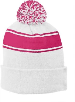 Sport-Tek Stripe Pom Pom Beanie -Thread Logic Store Sport Tek Stripe Pom Pom Beanie WhitePink Raspberry OSFA 7